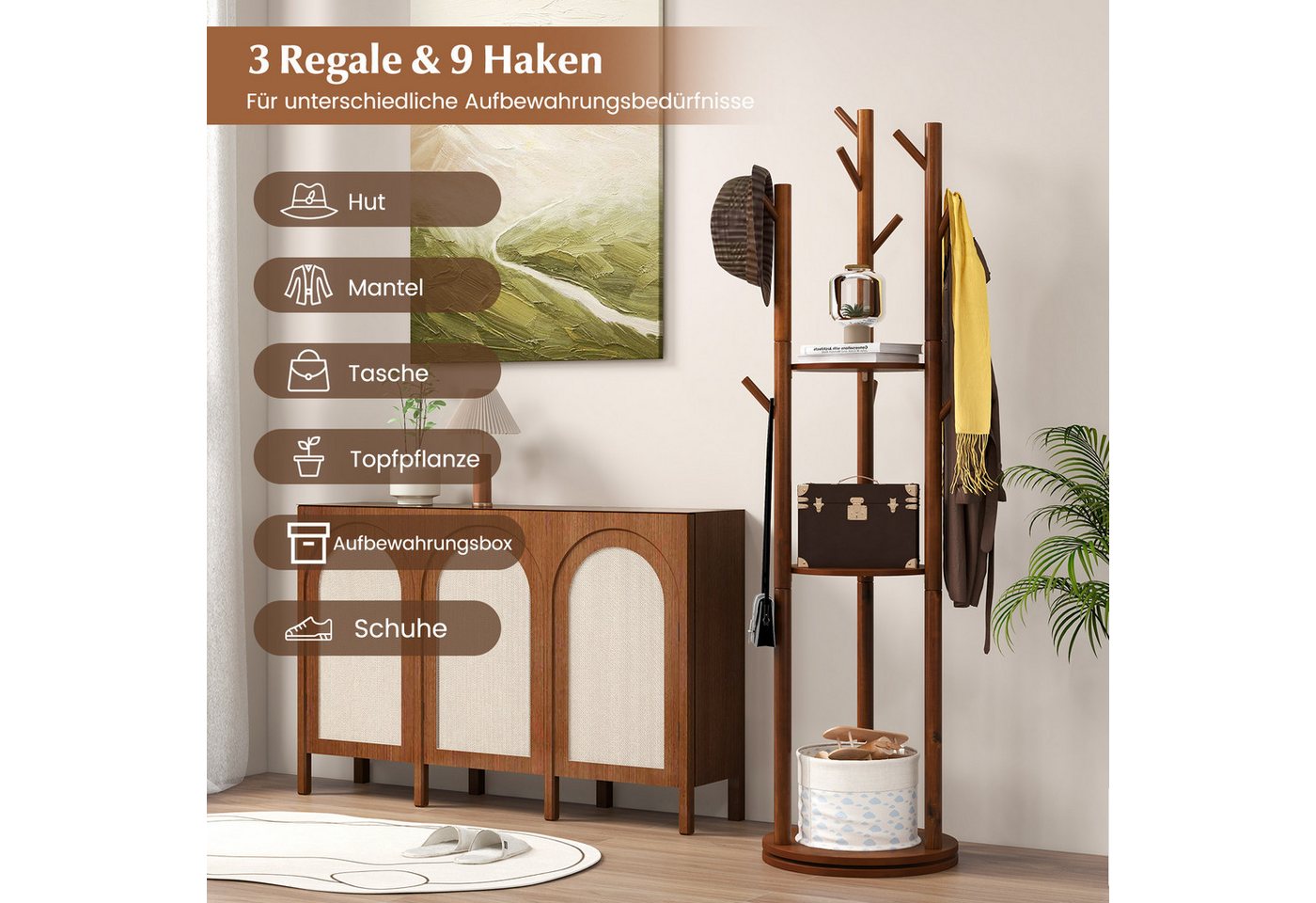 COSTWAY Kleiderständer, drehbar, Holz, mit 3 Ablagen & 9 Haken, 167cm – Bild 2 von 5