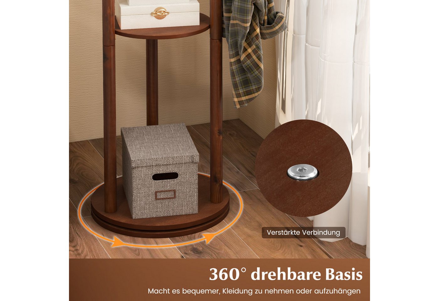 COSTWAY Kleiderständer, drehbar, Holz, mit 3 Ablagen & 9 Haken, 167cm – Bild 3 von 5