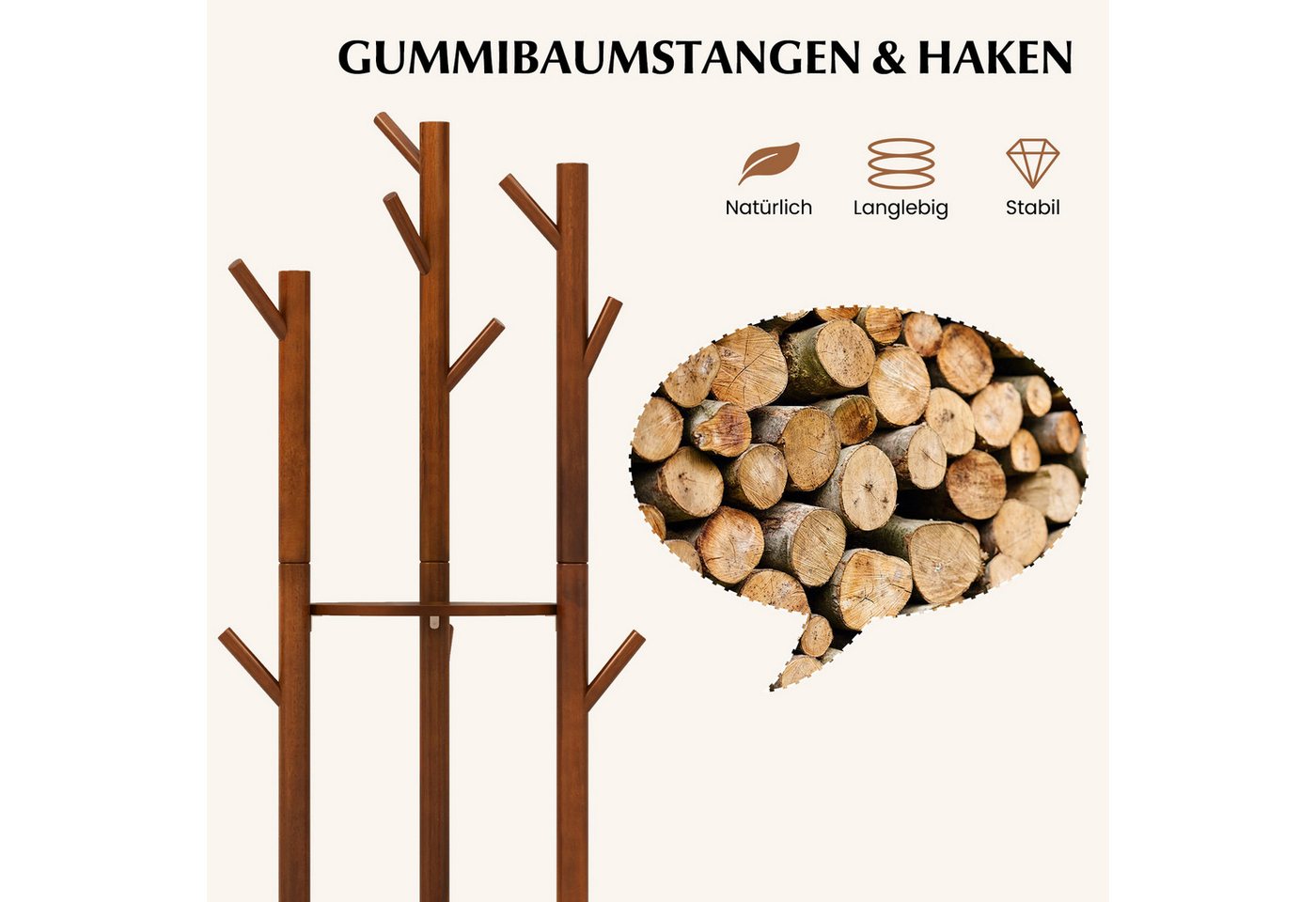 COSTWAY Kleiderständer, drehbar, Holz, mit 3 Ablagen & 9 Haken, 167cm – Bild 4 von 5