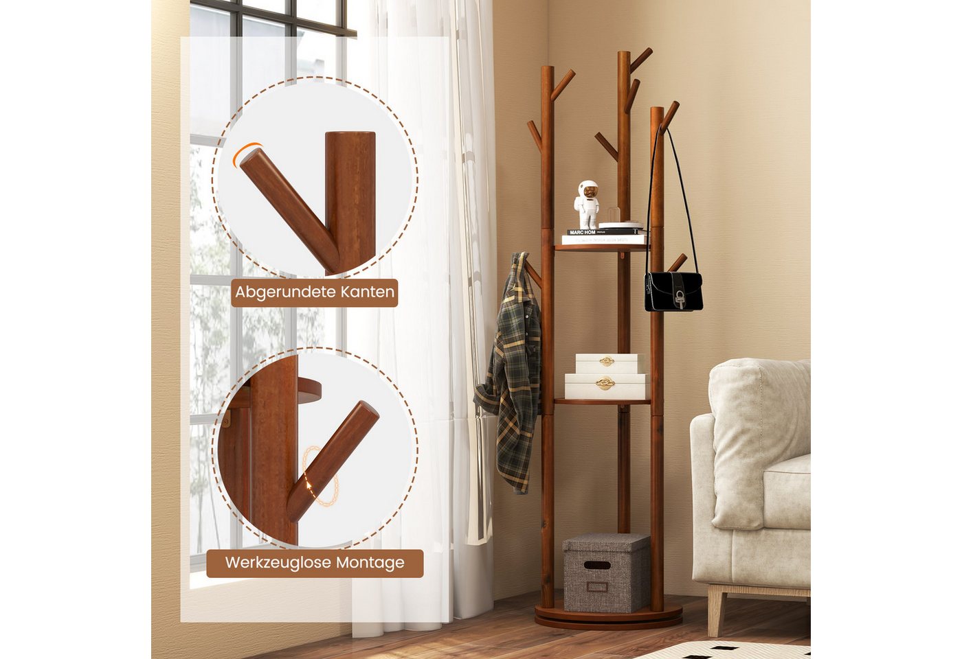 COSTWAY Kleiderständer, drehbar, Holz, mit 3 Ablagen & 9 Haken, 167cm – Bild 5 von 5