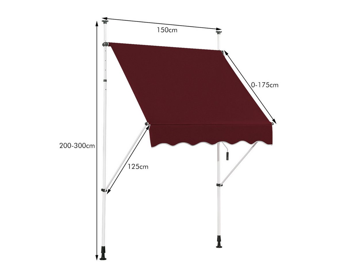COSTWAY Klemmmarkise 150cm breit, höhenverstellbar 200-300cm, Rot – Bild 5 von 5