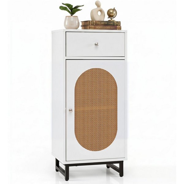 COSTWAY Kommode, Standschrank mit Schublade, Tür aus PE-Rattan weiß