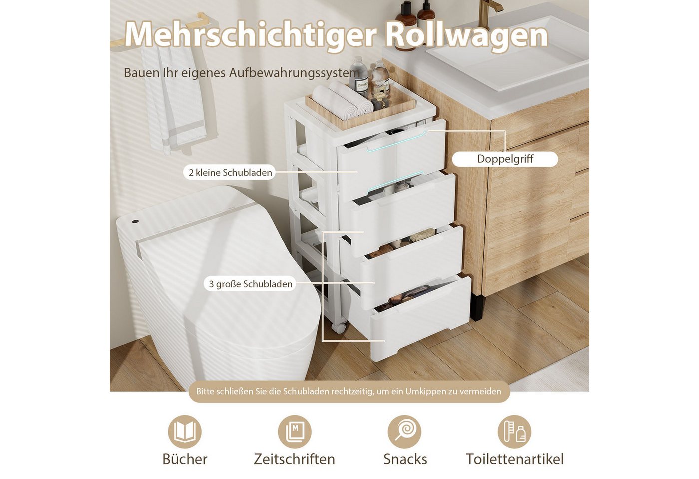 COSTWAY Kommode Nischenschrank mit Rollen weiß, 5 Schubladen 40x32x79cm – Bild 2 von 5