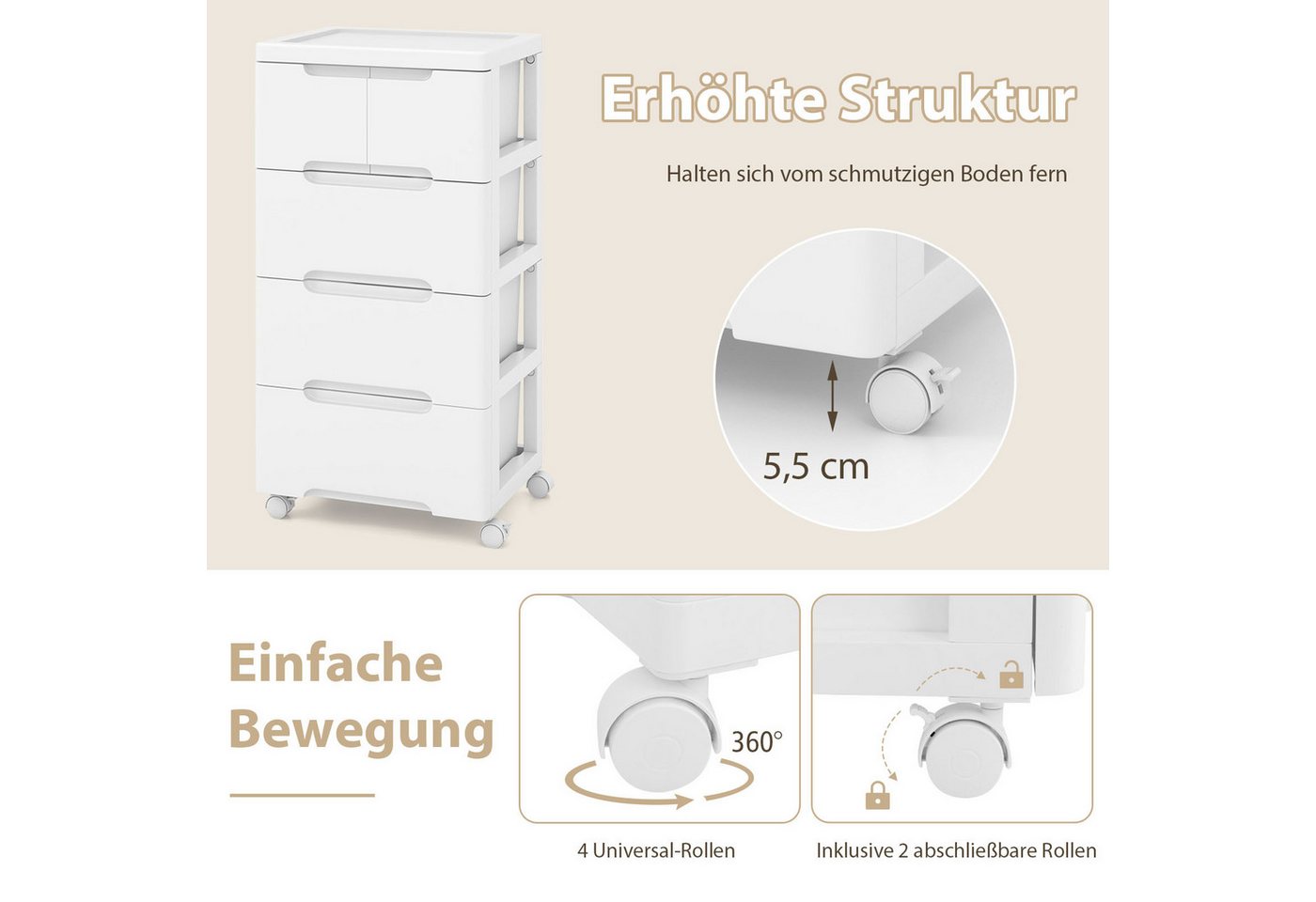 COSTWAY Kommode Nischenschrank mit Rollen weiß, 5 Schubladen 40x32x79cm – Bild 4 von 5