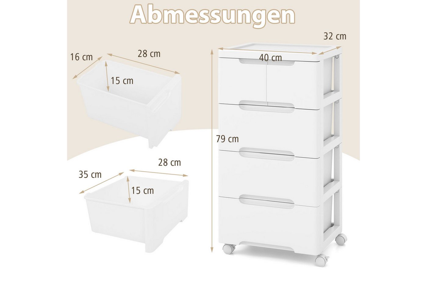 COSTWAY Kommode Nischenschrank mit Rollen weiß, 5 Schubladen 40x32x79cm – Bild 5 von 5