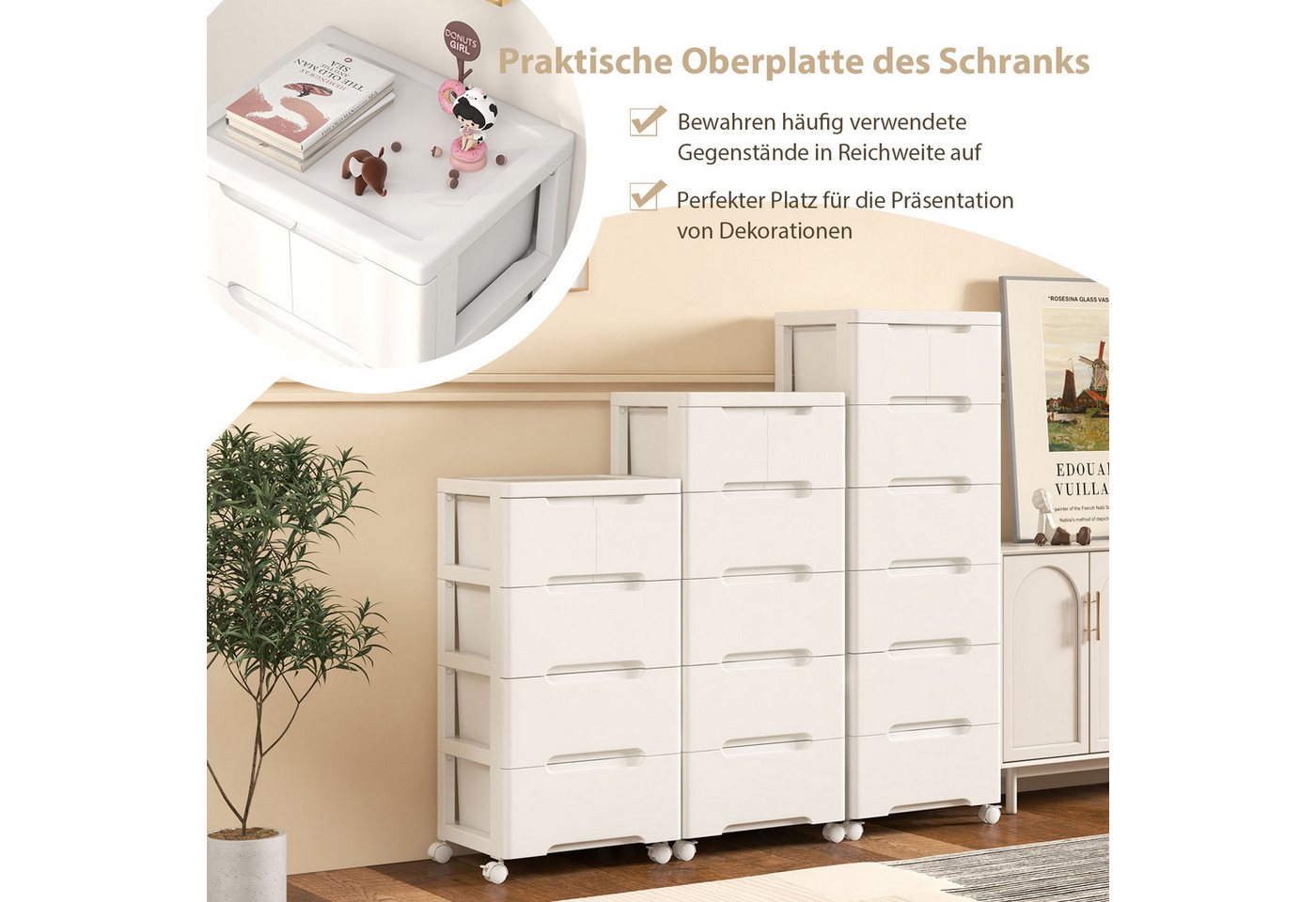 COSTWAY Kommode Nischenschrank mit Rollen weiß, 6 Schubladen 40x32x96cm – Bild 2 von 5