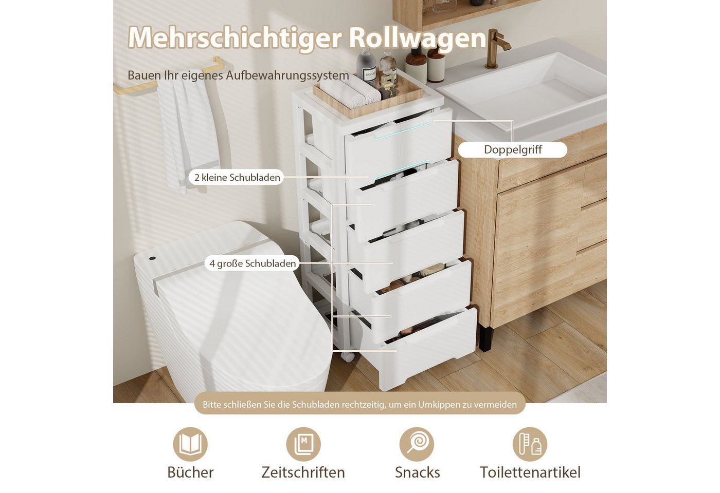 COSTWAY Kommode Nischenschrank mit Rollen weiß, 6 Schubladen 40x32x96cm – Bild 3 von 5