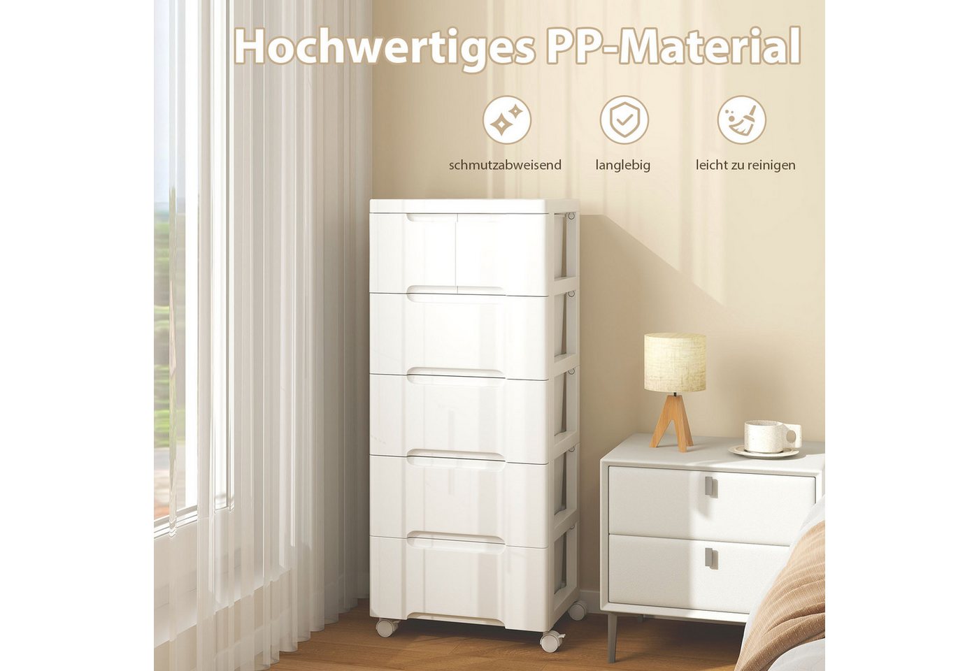 COSTWAY Kommode Nischenschrank mit Rollen weiß, 6 Schubladen 40x32x96cm – Bild 4 von 5