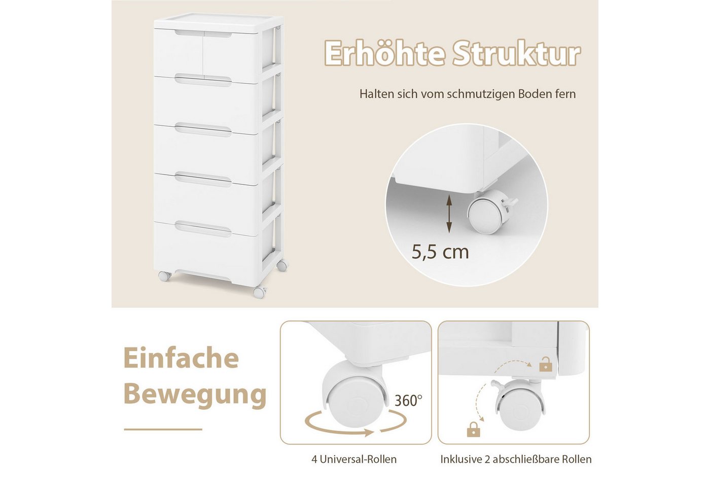 COSTWAY Kommode Nischenschrank mit Rollen weiß, 6 Schubladen 40x32x96cm – Bild 5 von 5