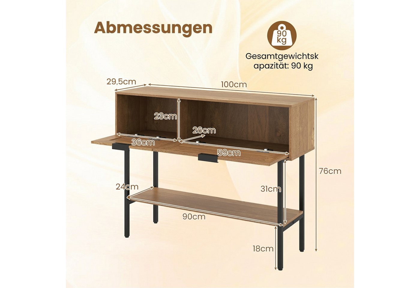 COSTWAY Konsolentisch (1-St), Flurtisch, Eingangstisch, mit 2 Fächern & offene Ablage – Bild 4 von 5