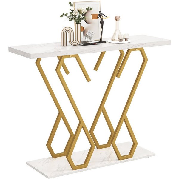 COSTWAY Konsolentisch, Marmor schmal, Metallrahmen in Schmetterlingsform Gold