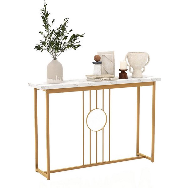 COSTWAY Konsolentisch, Mamor, schmal, Metallgestell, gold, 120x30x80,5cm
