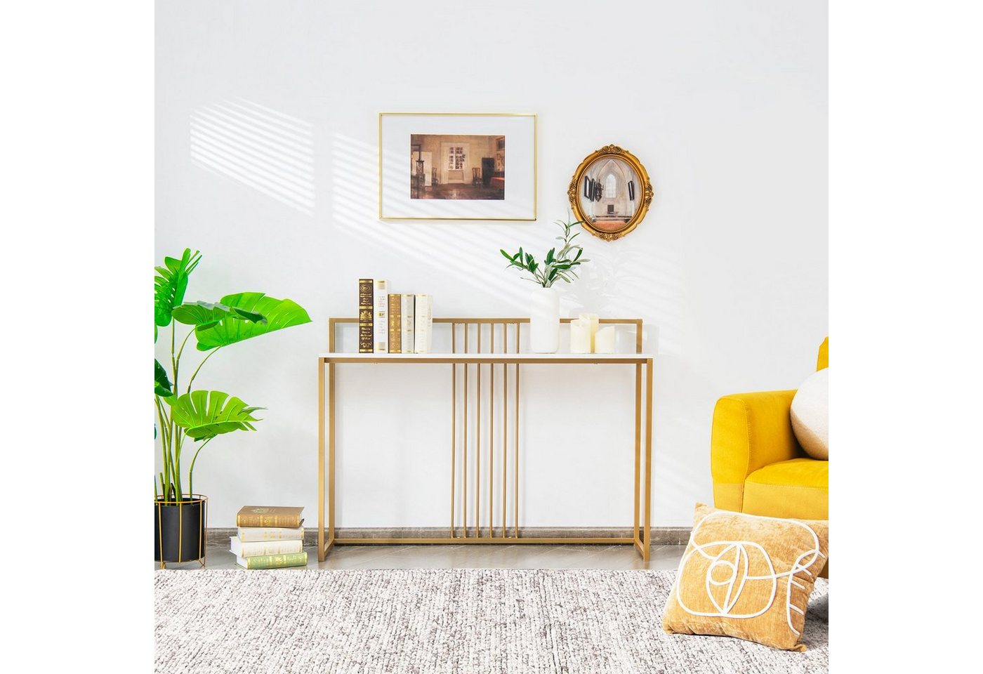 COSTWAY Konsolentisch, schmal Marmor, Metallgestell, gold, Flurtisch 120cm – Bild 2 von 5