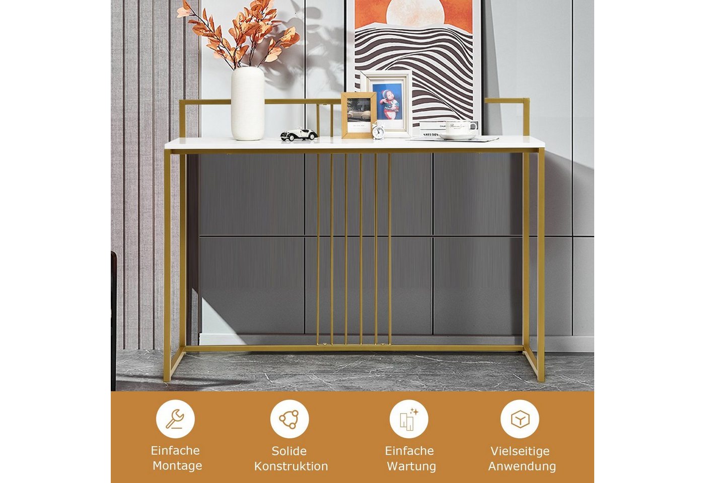 COSTWAY Konsolentisch, schmal Marmor, Metallgestell, gold, Flurtisch 120cm – Bild 3 von 5