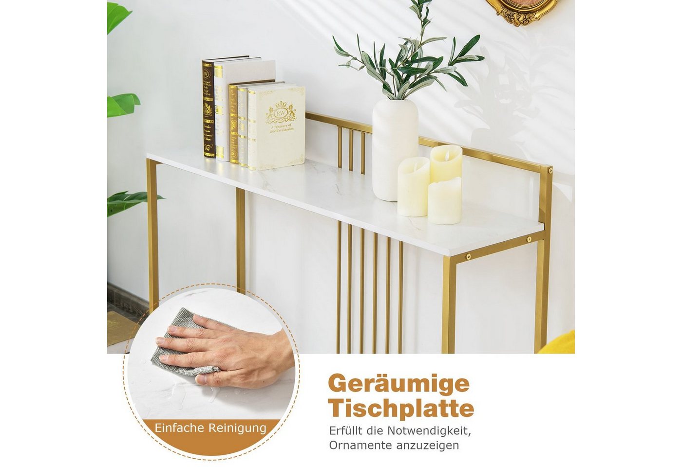 COSTWAY Konsolentisch, schmal Marmor, Metallgestell, gold, Flurtisch 120cm – Bild 4 von 5