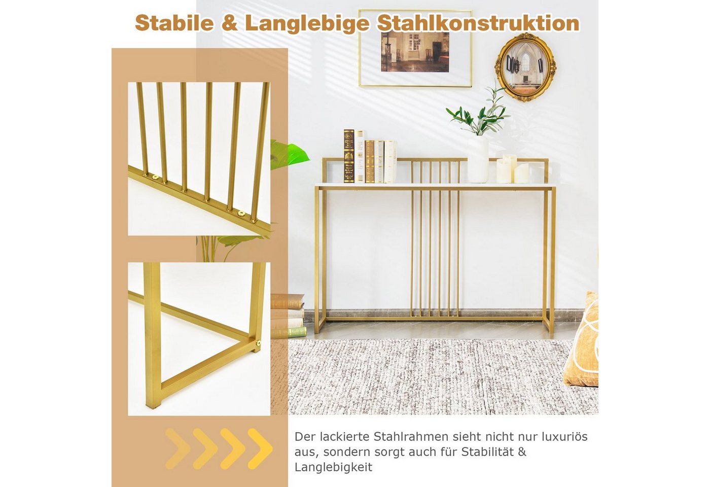 COSTWAY Konsolentisch, schmal Marmor, Metallgestell, gold, Flurtisch 120cm – Bild 5 von 5