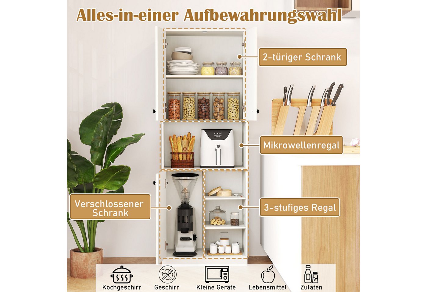 COSTWAY Küchenbuffet Küchenschrank mit Arbeitsplatte, Weiß 166cm – Bild 3 von 5