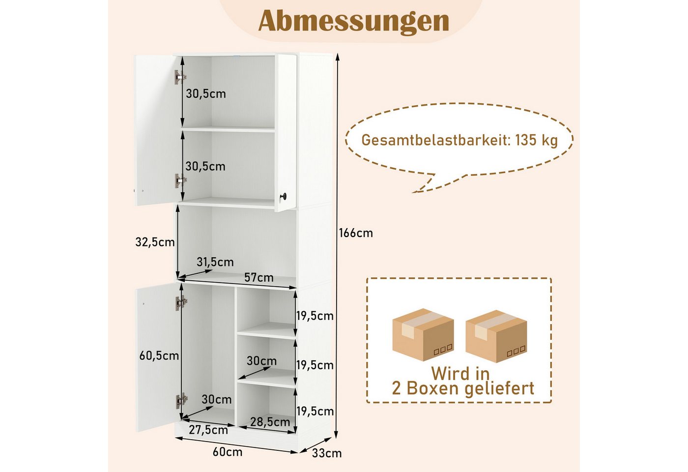 COSTWAY Küchenbuffet Küchenschrank mit Arbeitsplatte, Weiß 166cm – Bild 5 von 5