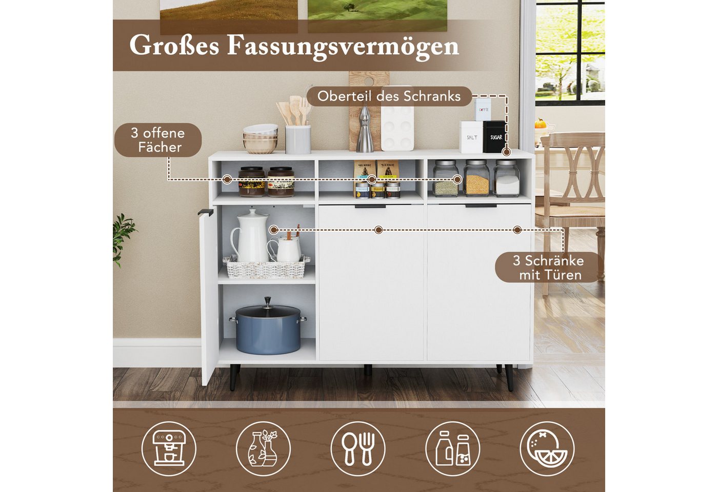 COSTWAY Küchenbuffet mit Arbeitsplatte&verstellbaren Regalen, Sideboard Holz – Bild 4 von 5