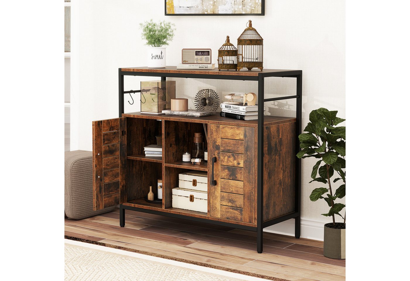 COSTWAY Küchenbuffet Sideboard Holz, mit verstellbarem Regal, Haken – Bild 2 von 5