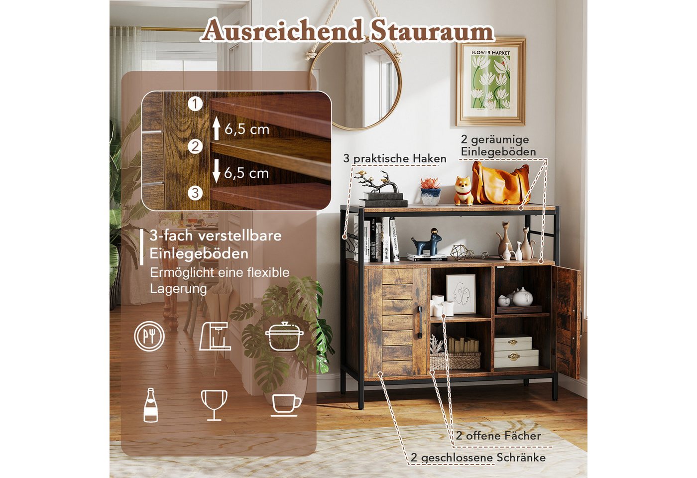 COSTWAY Küchenbuffet Sideboard Holz, mit verstellbarem Regal, Haken – Bild 3 von 5