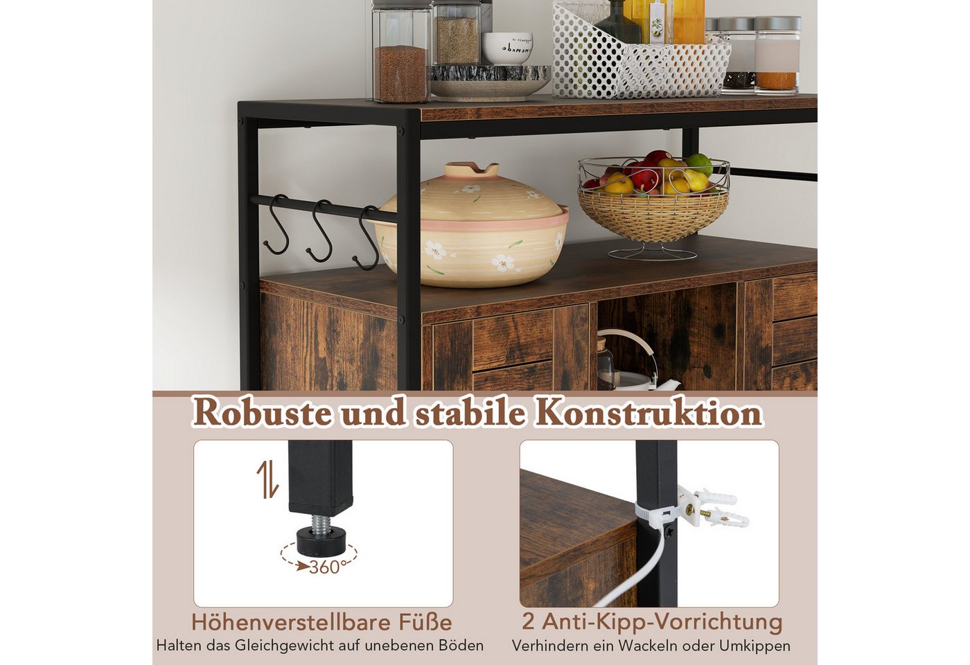COSTWAY Küchenbuffet Sideboard Holz, mit verstellbarem Regal, Haken – Bild 4 von 5