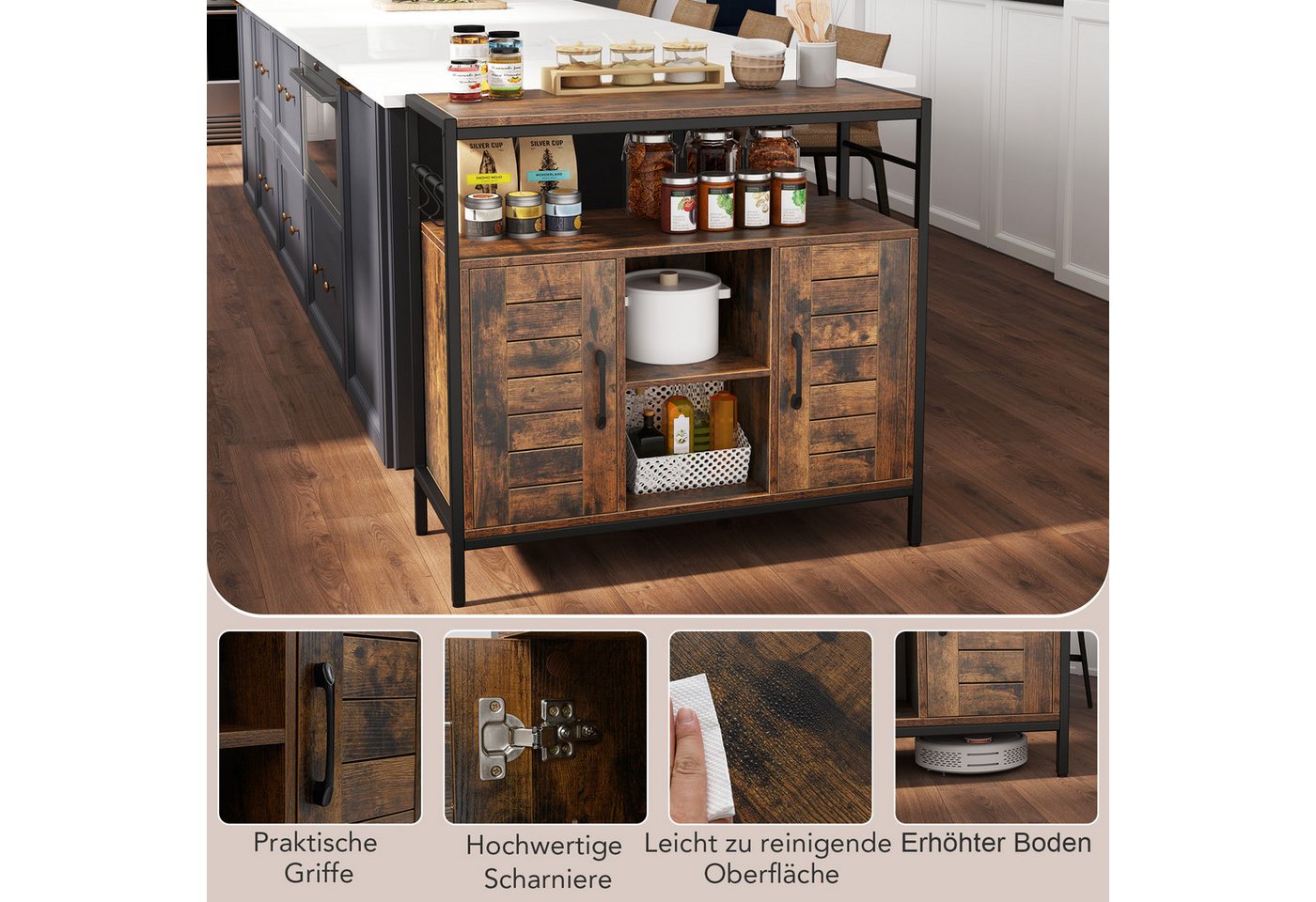 COSTWAY Küchenbuffet Sideboard Holz, mit verstellbarem Regal, Haken – Bild 5 von 5