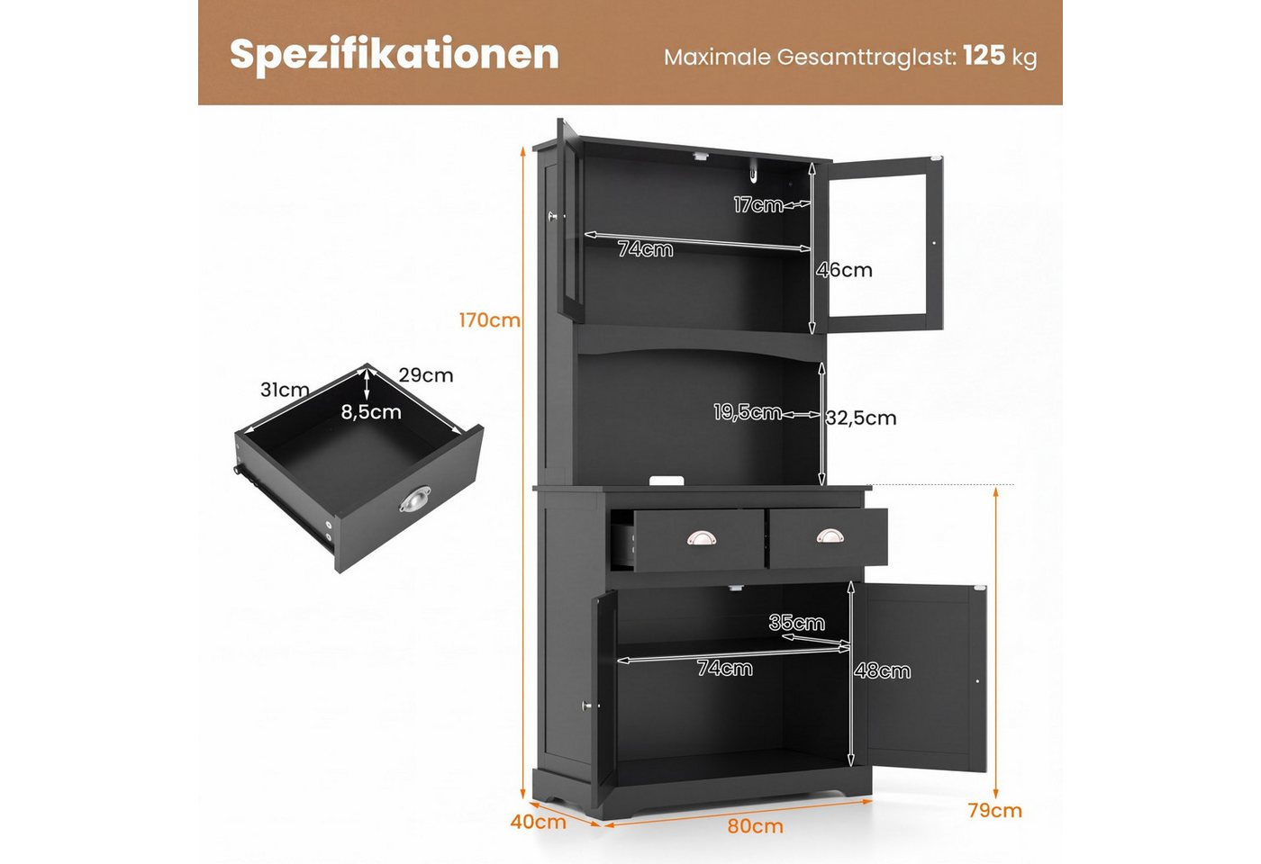 COSTWAY Küchenbuffet verstellbare Ablage 2 Schubladen bis 125kg 80x40x170cm – Bild 3 von 5