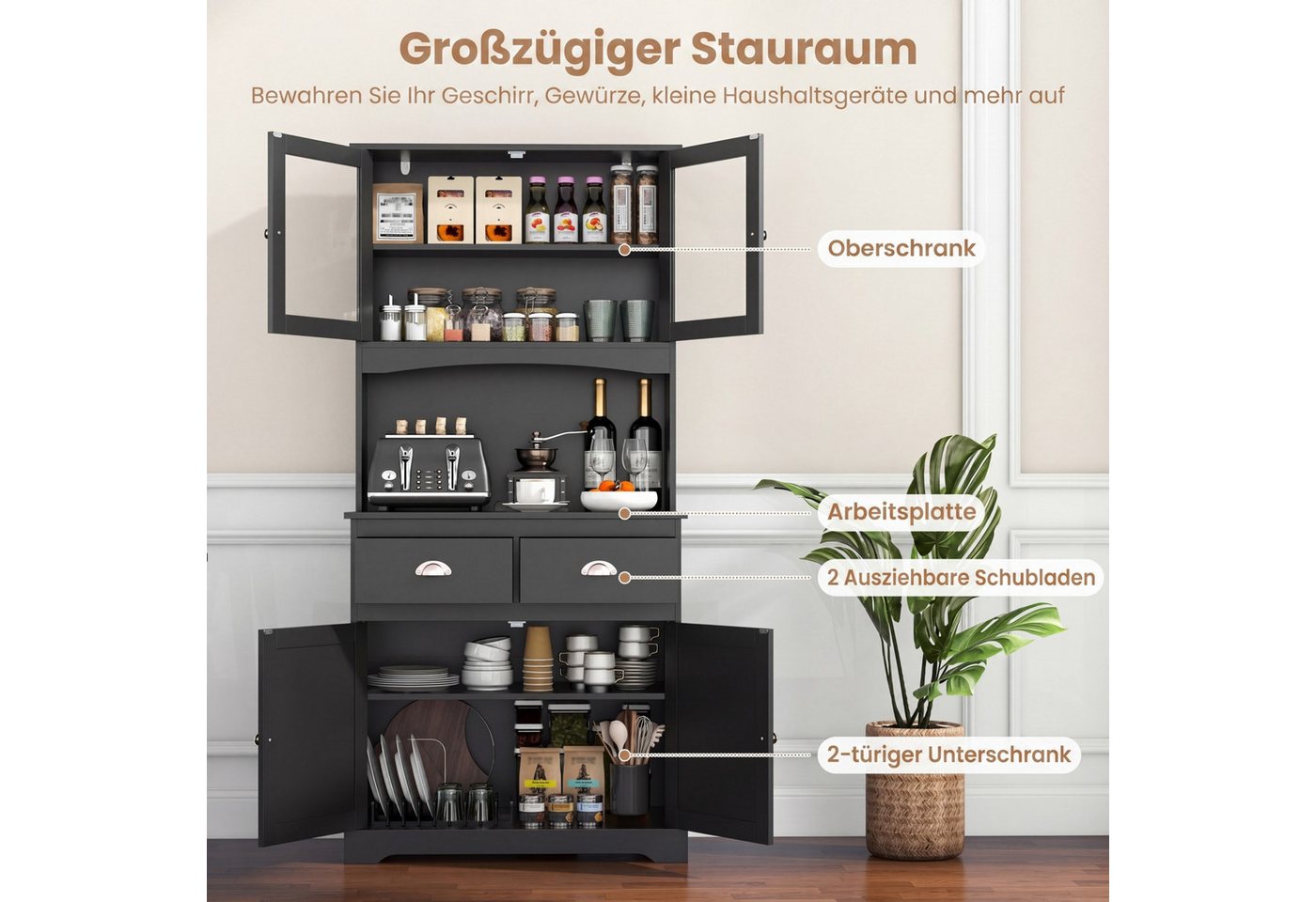 COSTWAY Küchenbuffet verstellbare Ablage 2 Schubladen bis 125kg 80x40x170cm – Bild 4 von 5
