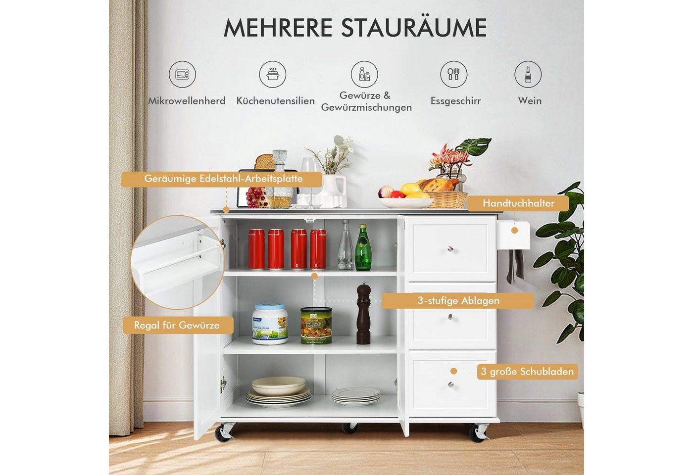 COSTWAY Küchenwagen, mit 3 Schubladen, Arbeitsplatte & verstellbarer Ablage – Bild 3 von 5