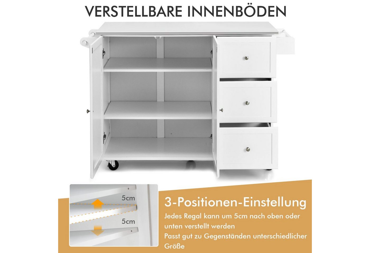 COSTWAY Küchenwagen, mit 3 Schubladen, Arbeitsplatte & verstellbarer Ablage – Bild 4 von 5