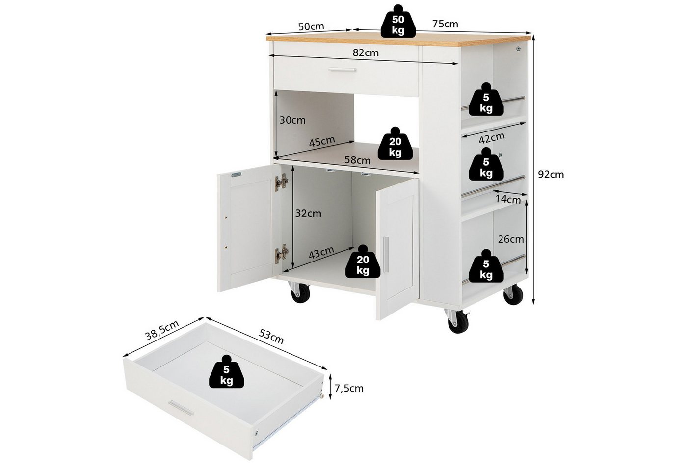 COSTWAY Küchenwagen, mit Arbeitsplatte, 3 Gewürzregalen & Schublade, rollbar – Bild 3 von 5