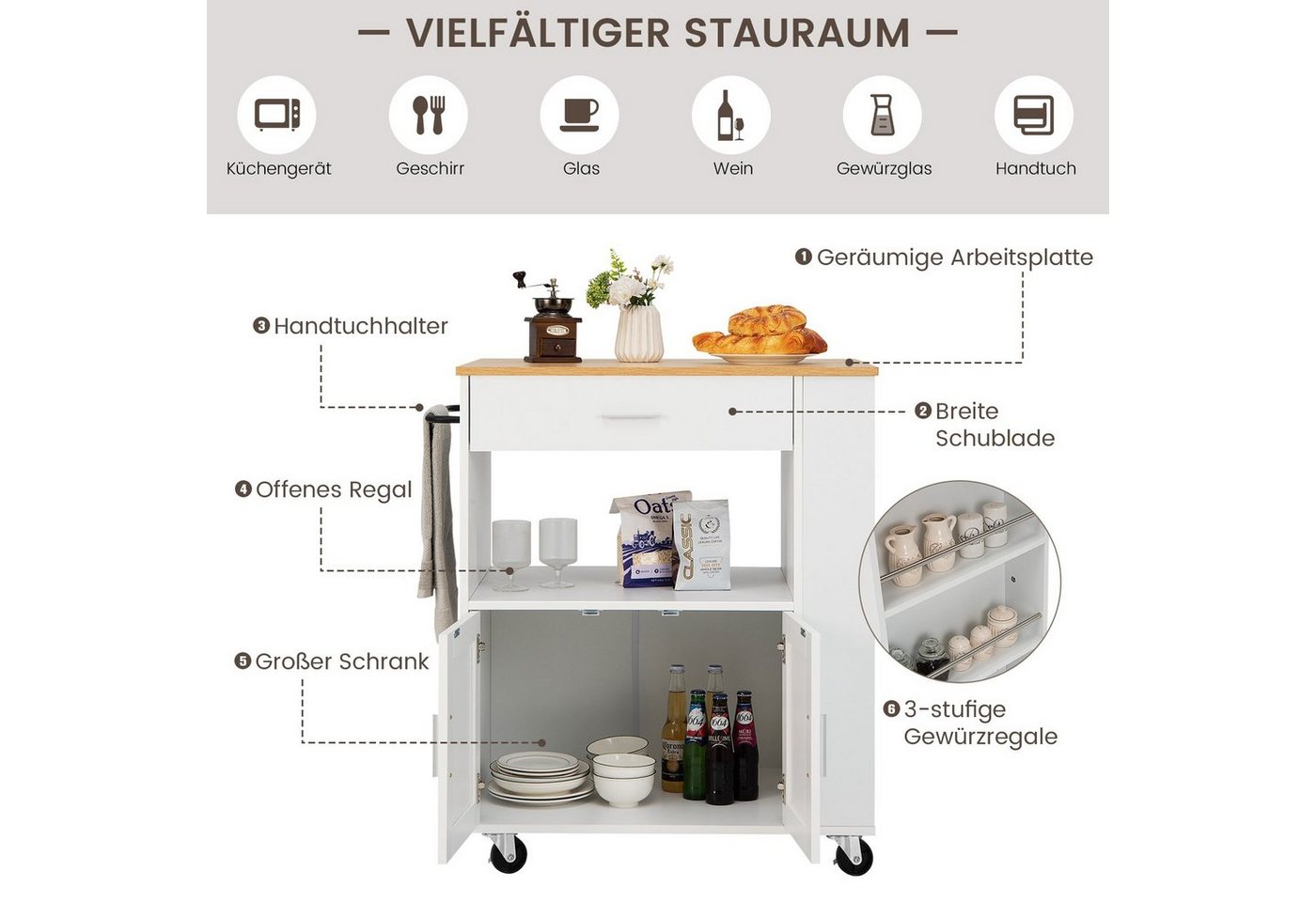 COSTWAY Küchenwagen, mit Arbeitsplatte, 3 Gewürzregalen & Schublade, rollbar – Bild 4 von 5