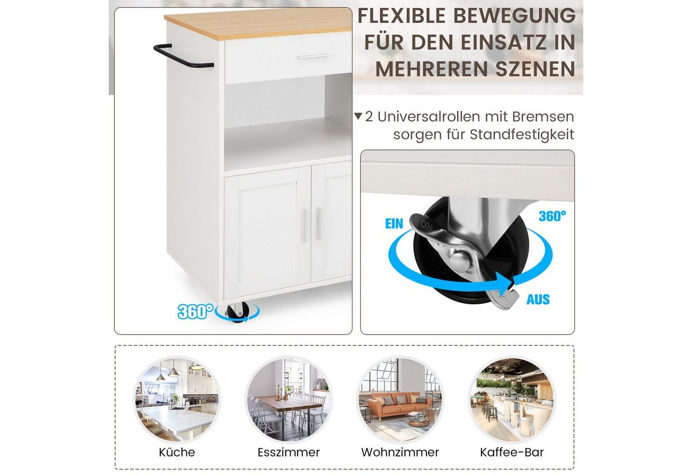 COSTWAY Küchenwagen, mit Arbeitsplatte, 3 Gewürzregalen & Schublade, rollbar – Bild 5 von 5
