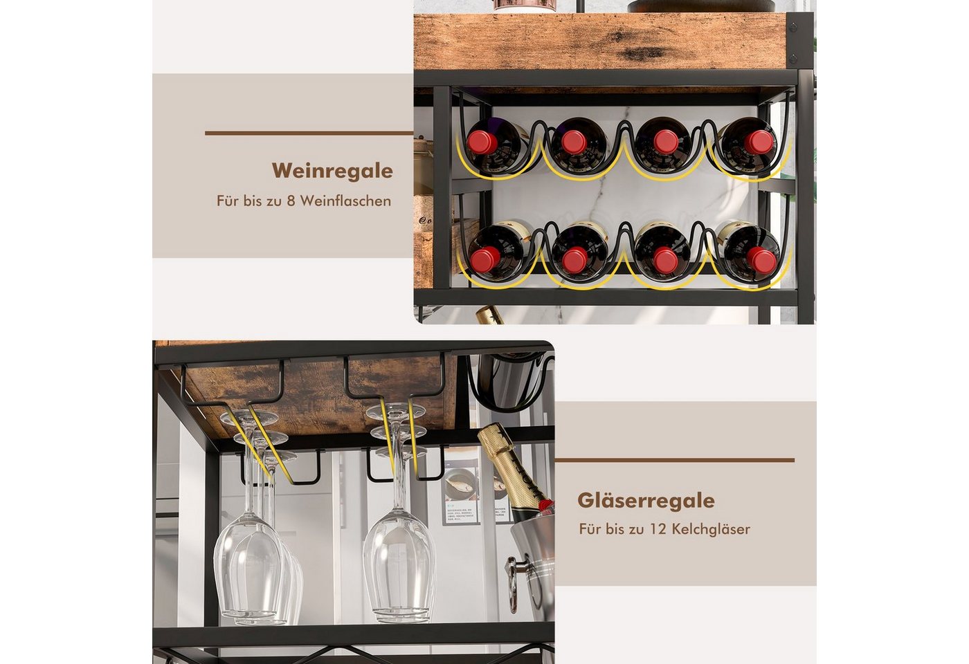 COSTWAY Küchenwagen, mit abnehmbarem Tablett, Weinregal, auf Rollen – Bild 3 von 5