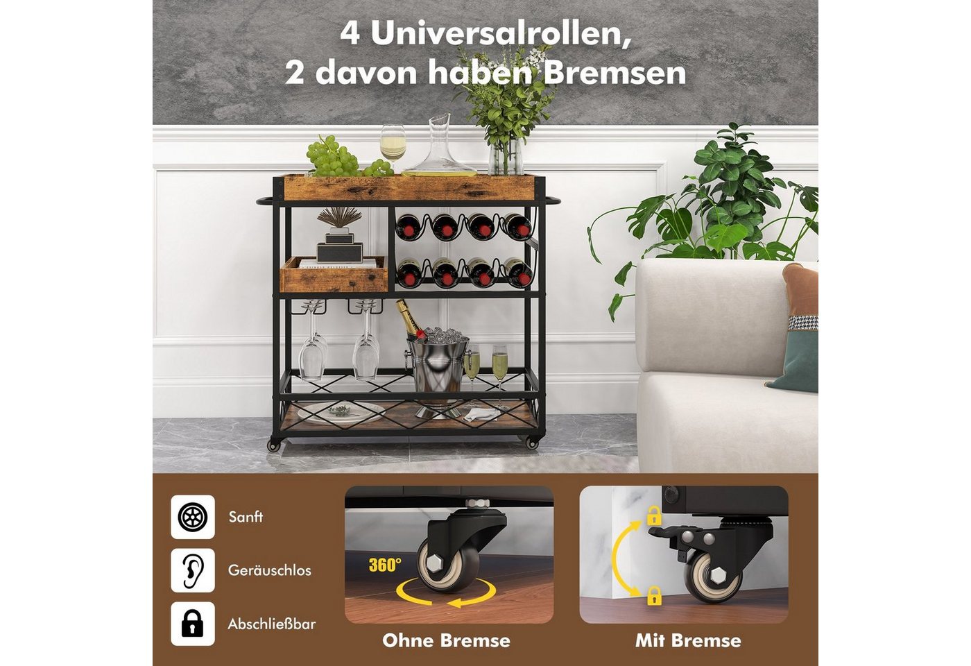 COSTWAY Küchenwagen, mit abnehmbarem Tablett, Weinregal, auf Rollen – Bild 4 von 5