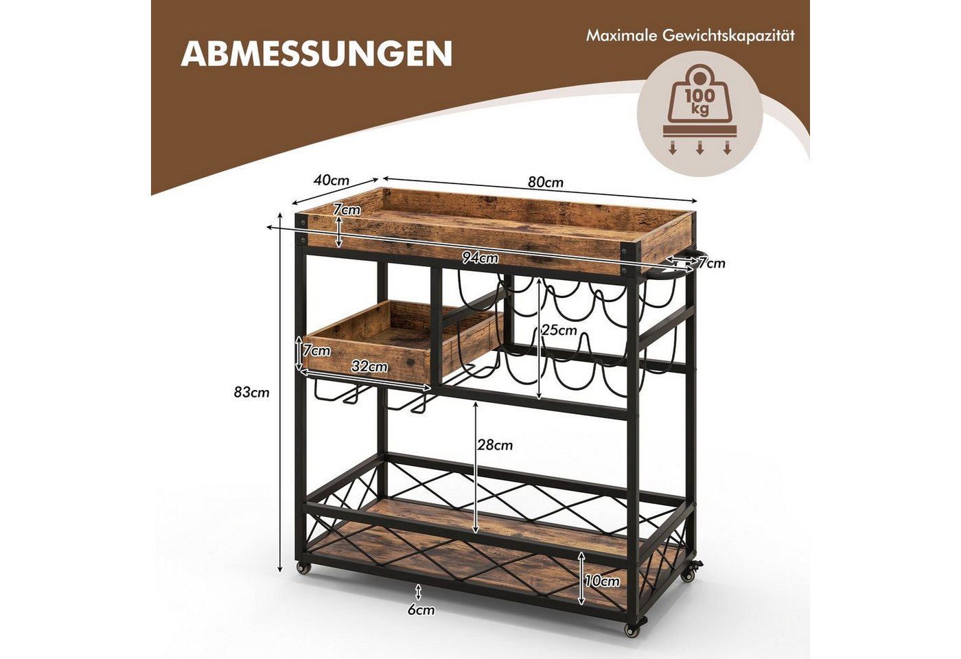 COSTWAY Küchenwagen, mit abnehmbarem Tablett, Weinregal, auf Rollen – Bild 5 von 5