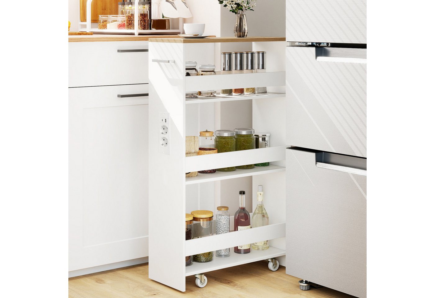 COSTWAY Küchenwagen, Nischenwagen 20cm breit schmal mit Ladestation Holz – Bild 3 von 5