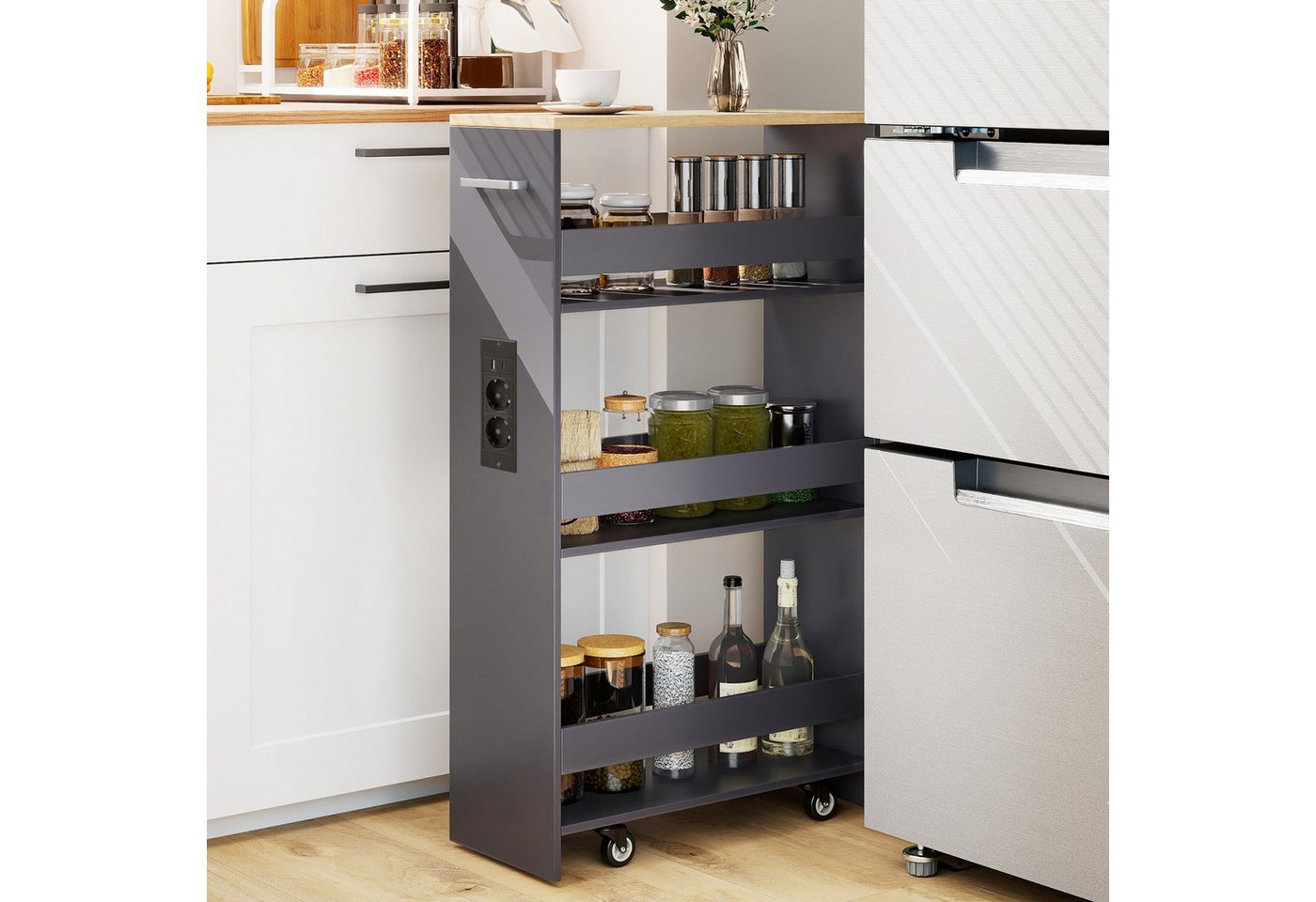 COSTWAY Küchenwagen, Nischenwagen 20cm breit schmal mit Ladestation Holz – Bild 2 von 5