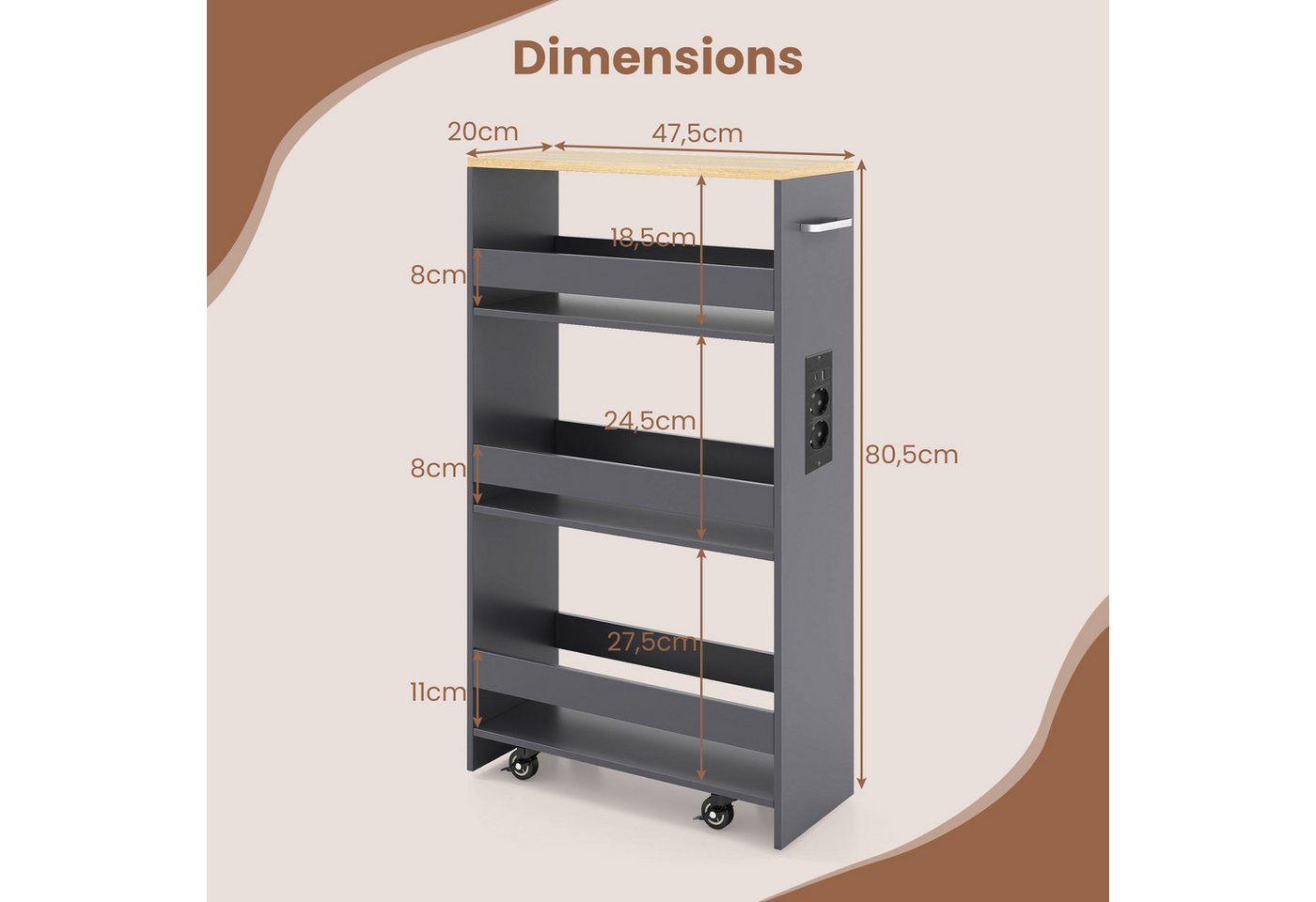 COSTWAY Küchenwagen, Nischenwagen 20cm breit schmal mit Ladestation Holz – Bild 3 von 5