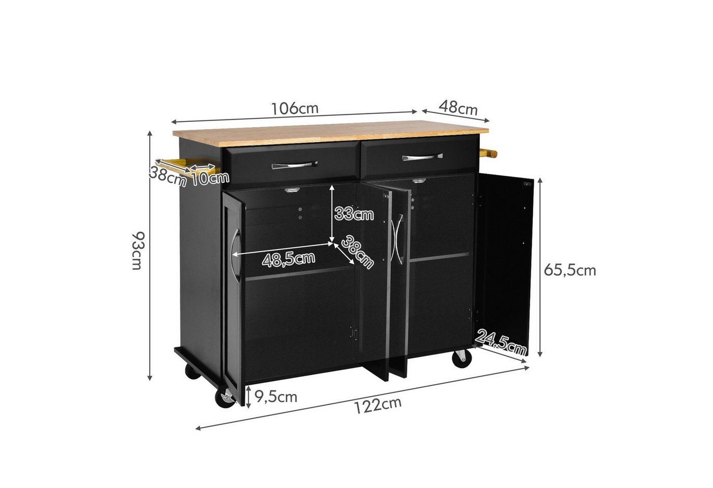 COSTWAY Küchenwagen, mit Arbeitsplatte, Schubladen, Rollen & Handtuchhalter – Bild 3 von 5