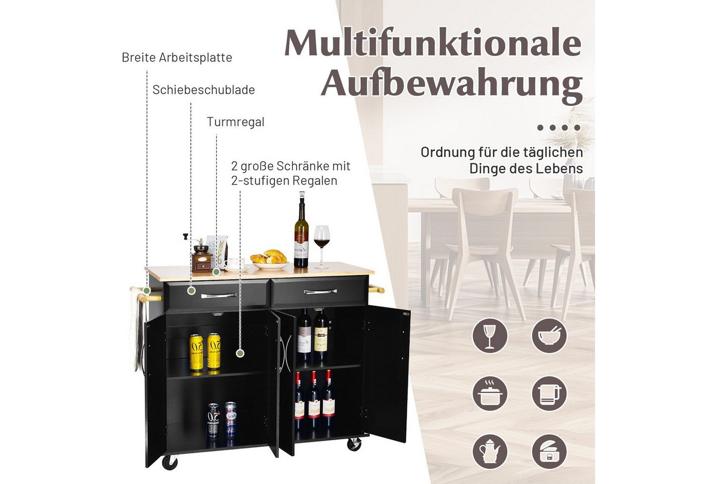 COSTWAY Küchenwagen, mit Arbeitsplatte, Schubladen, Rollen & Handtuchhalter – Bild 4 von 5