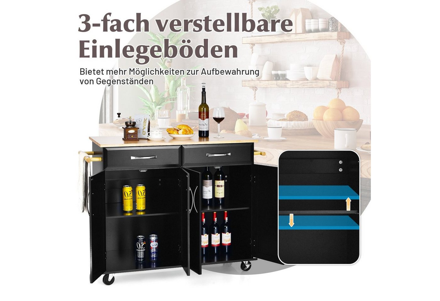 COSTWAY Küchenwagen, mit Arbeitsplatte, Schubladen, Rollen & Handtuchhalter – Bild 5 von 5