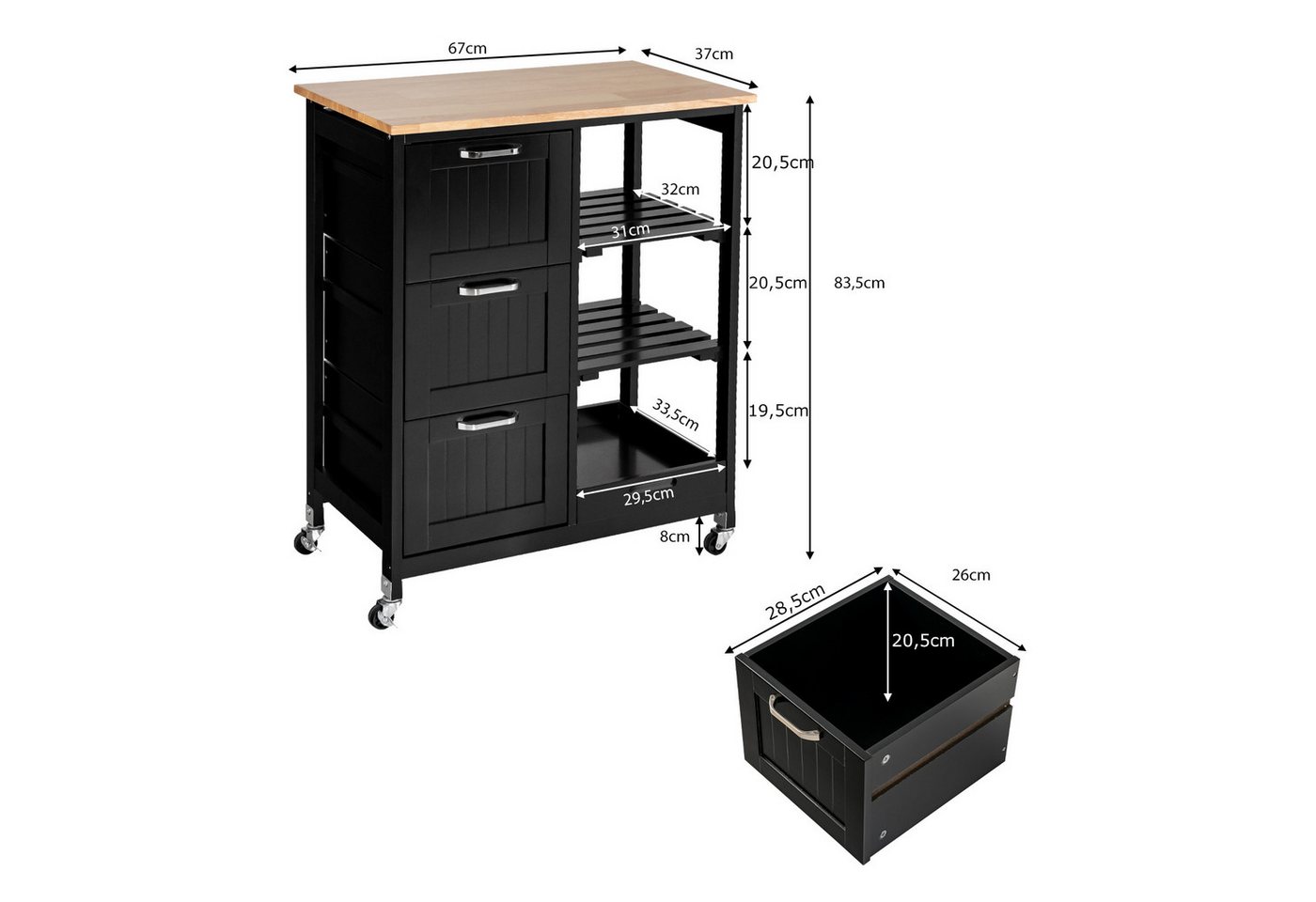 COSTWAY Küchenwagen mit Tablett, 3 Schubladen, rollbar, 67x37x82,5cm – Bild 3 von 5