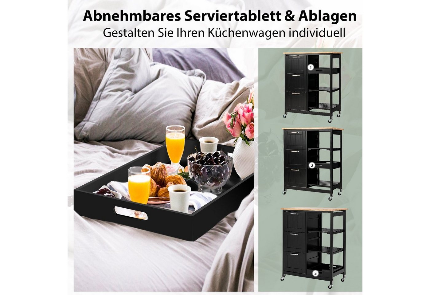 COSTWAY Küchenwagen mit Tablett, 3 Schubladen, rollbar, 67x37x82,5cm – Bild 5 von 5