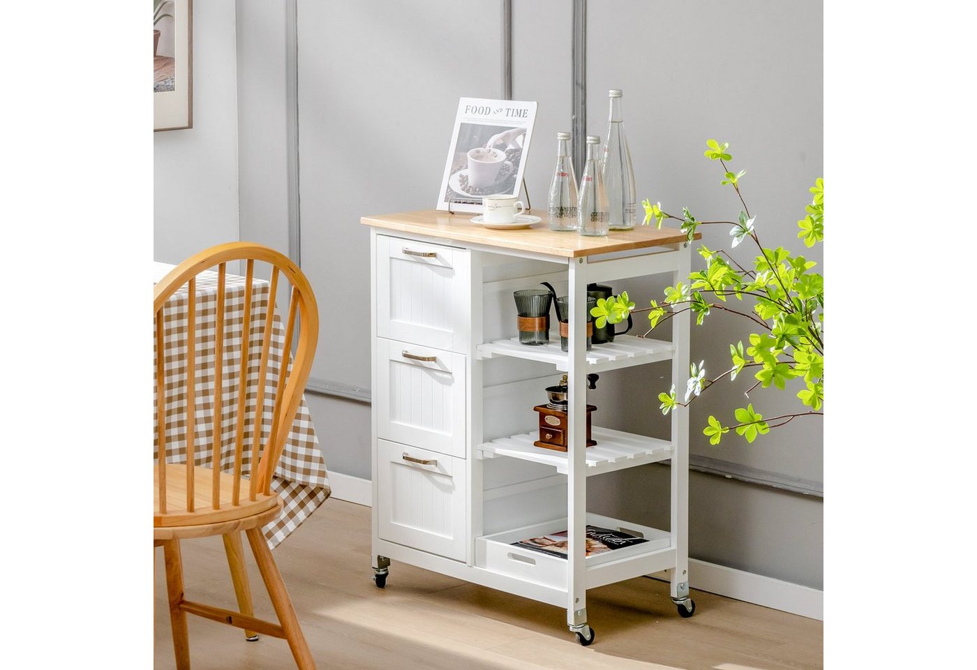 COSTWAY Küchenwagen mit Tablett, 3 Schubladen, rollbar, 67x37x82,5cm – Bild 2 von 5