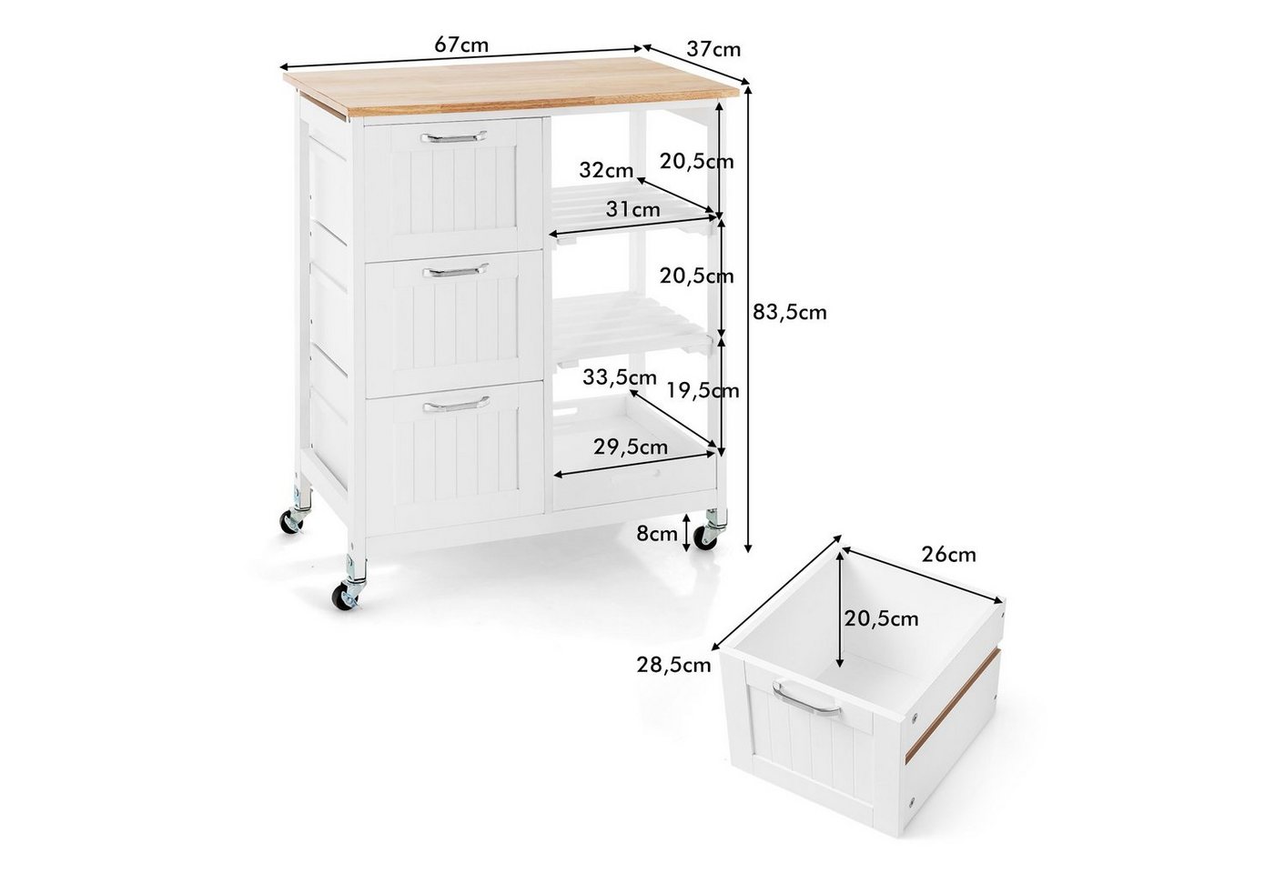 COSTWAY Küchenwagen mit Tablett, 3 Schubladen, rollbar, 67x37x82,5cm – Bild 3 von 5