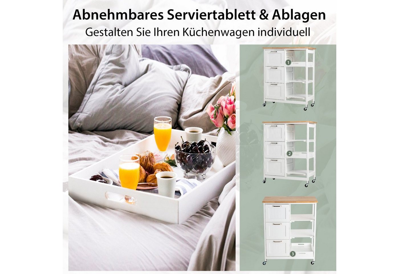 COSTWAY Küchenwagen mit Tablett, 3 Schubladen, rollbar, 67x37x82,5cm – Bild 5 von 5