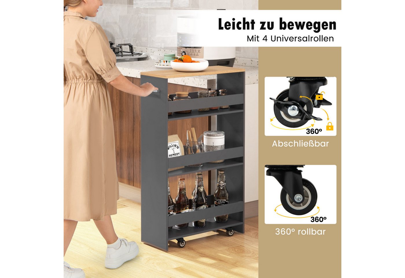 COSTWAY Küchenwagen schmal, Nischenwagen 4 Ebenen, auf Rollen, 47,5x20x80,5cm – Bild 2 von 5
