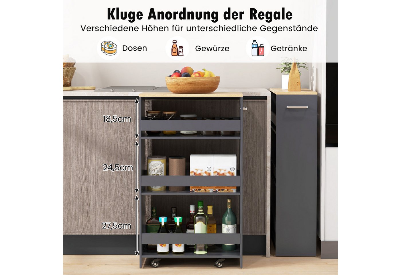 COSTWAY Küchenwagen schmal, Nischenwagen 4 Ebenen, auf Rollen, 47,5x20x80,5cm – Bild 3 von 5